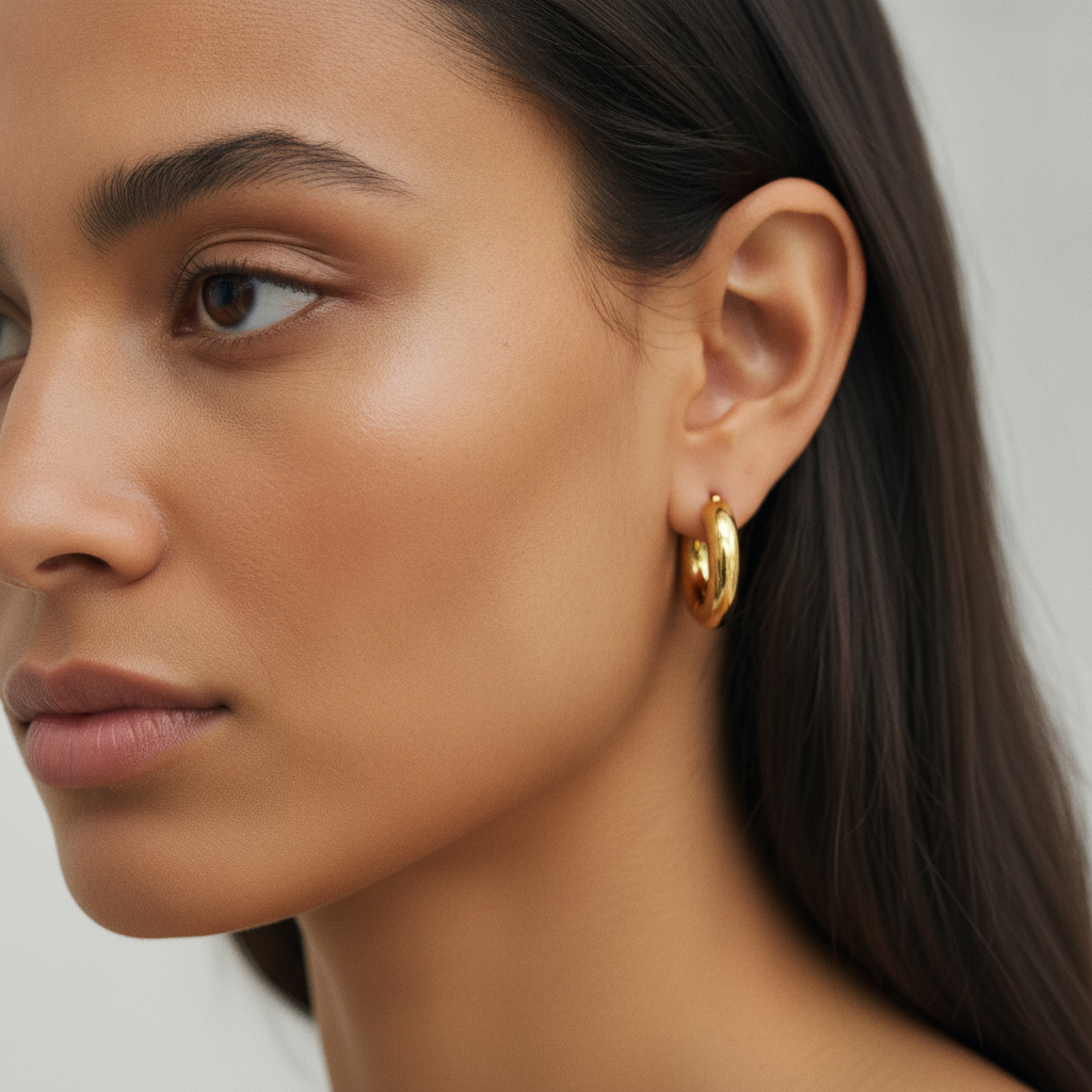 The Gilt Huggies, chunky gold huggie hoop earrings, worn on model | THE ARCIVE