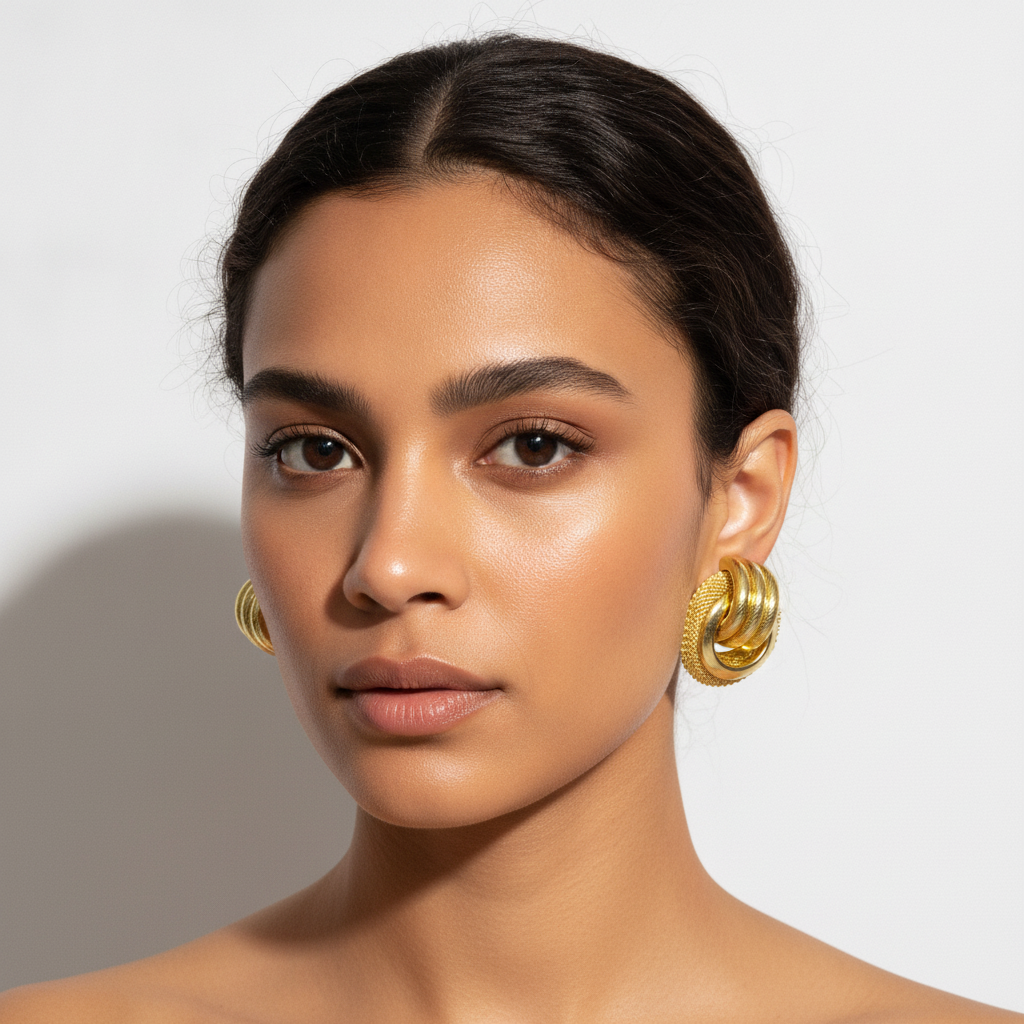 The Heirloom Studs, gold knocker round stud earrings, worn on model | THE ARCIVE