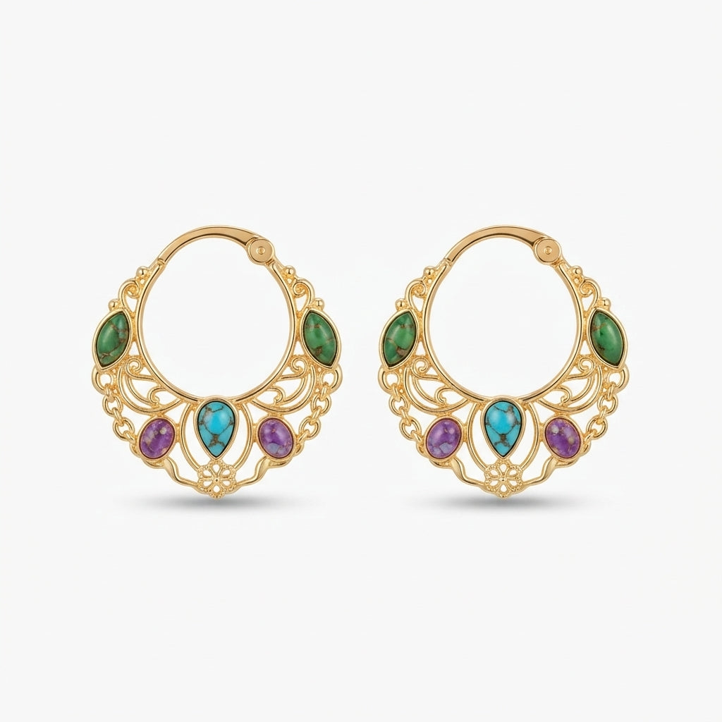 The Kasbah Hoops, filigree gemstone hoop earrings, product view | THE ARCIVE