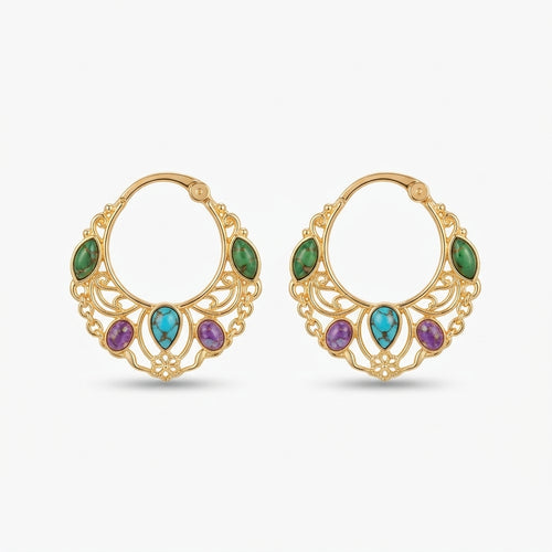 The Kasbah Hoops, filigree gemstone hoop earrings, product view | THE ARCIVE