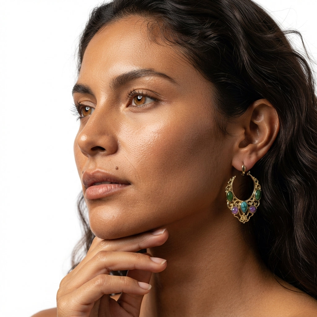 The Kasbah Hoops, filigree gemstone hoop earrings, worn on model three-quarter view | THE ARCIVE