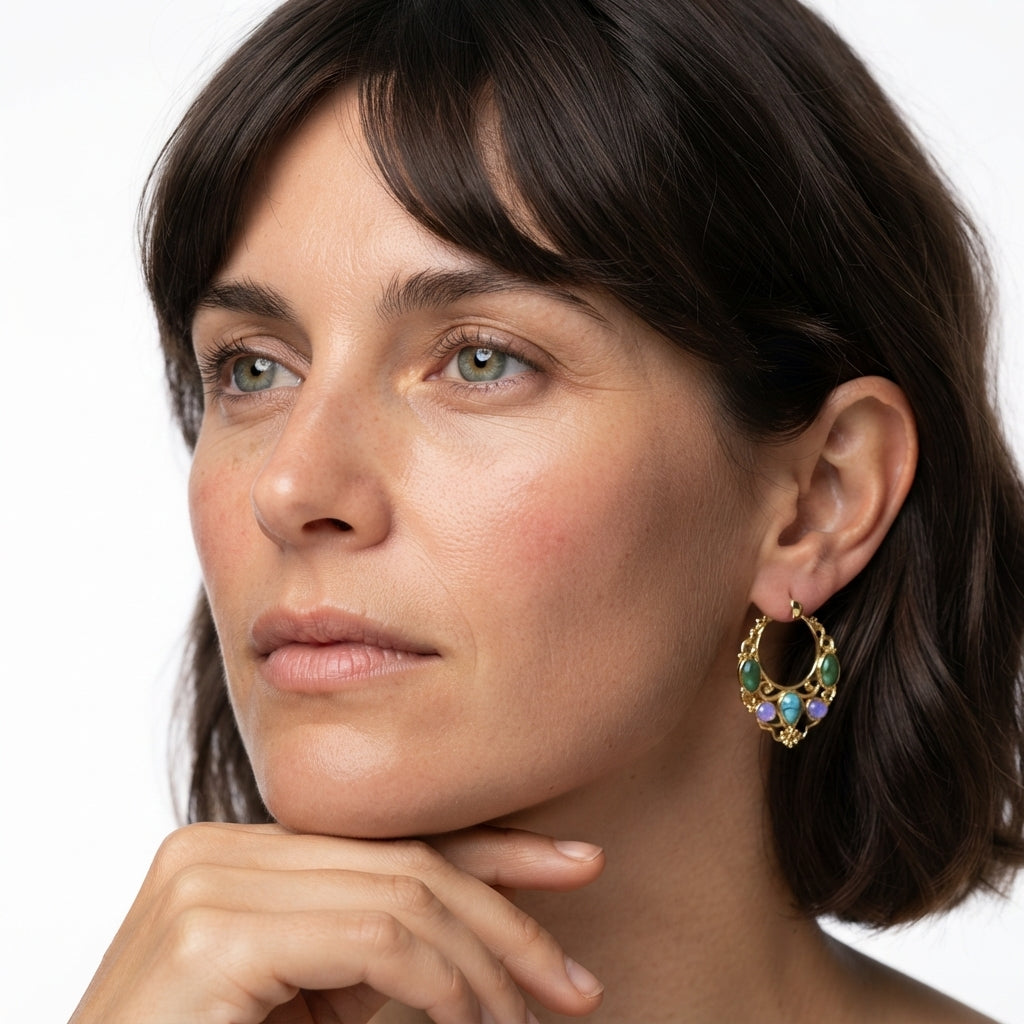 The Kasbah Hoops, filigree gemstone hoop earrings, worn on model | THE ARCIVE