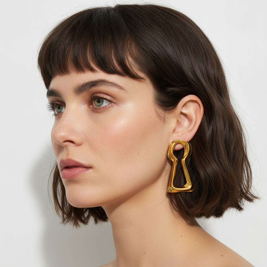 The Keyhole Studs, sculptural gold keyhole earrings, worn on model three-quarter view | THE ARCIVE