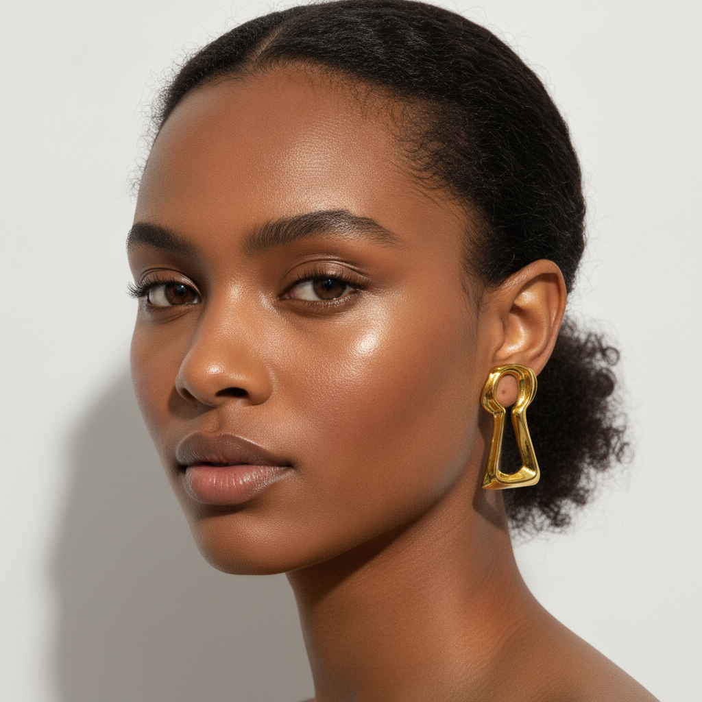 The Keyhole Studs, sculptural gold keyhole earrings, worn on model | THE ARCIVE