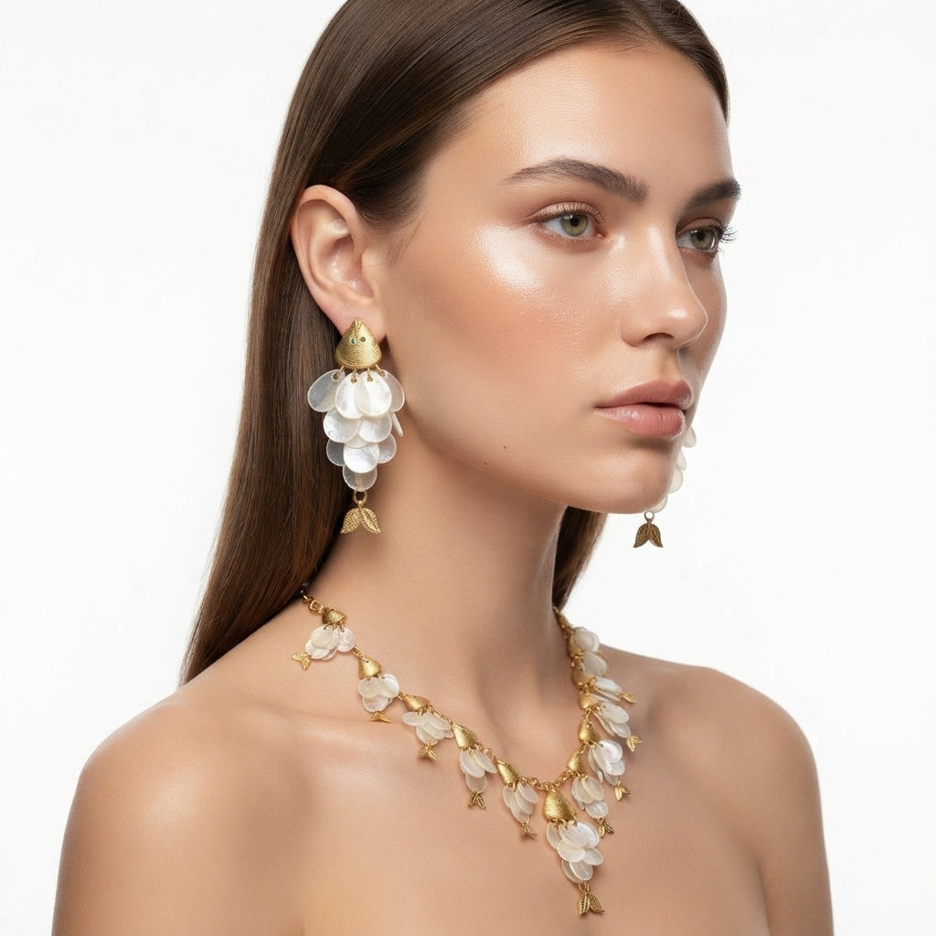 The Koi Drops, mother-of-pearl petal and gold fish drop earrings, angled view | THE ARCIVE