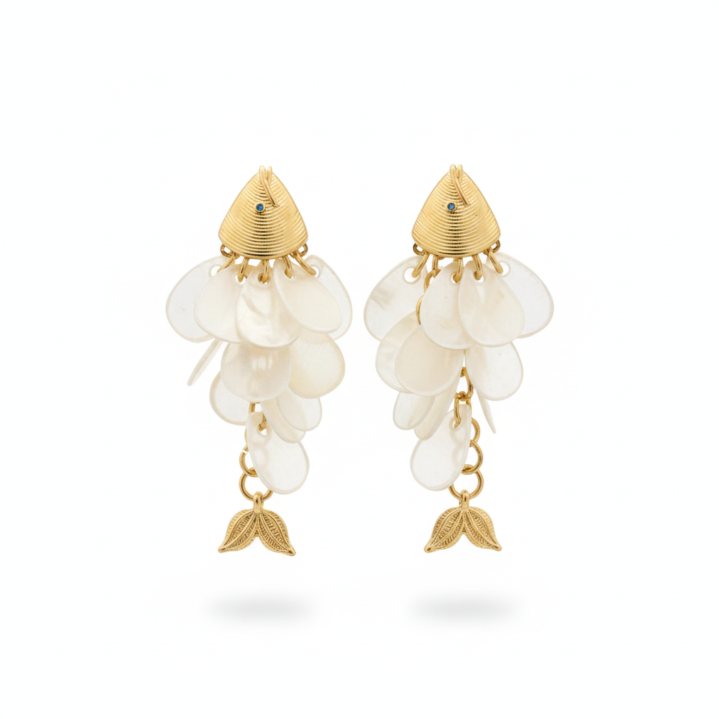 The Koi Drops, mother-of-pearl petal and gold fish drop earrings, close-up detail | THE ARCIVE