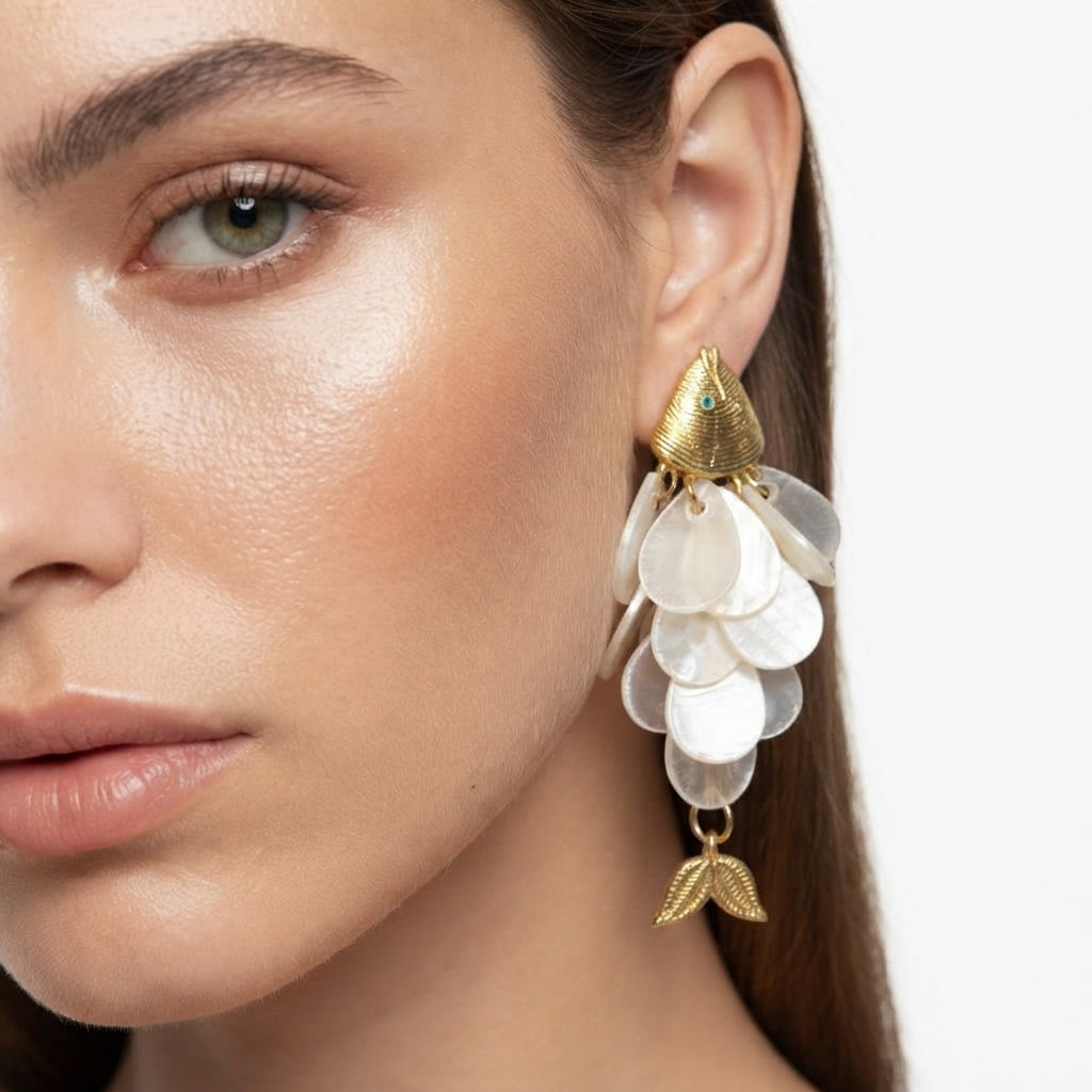 The Koi Drops, mother-of-pearl petal and gold fish drop earrings, close-up detail | THE ARCIVE