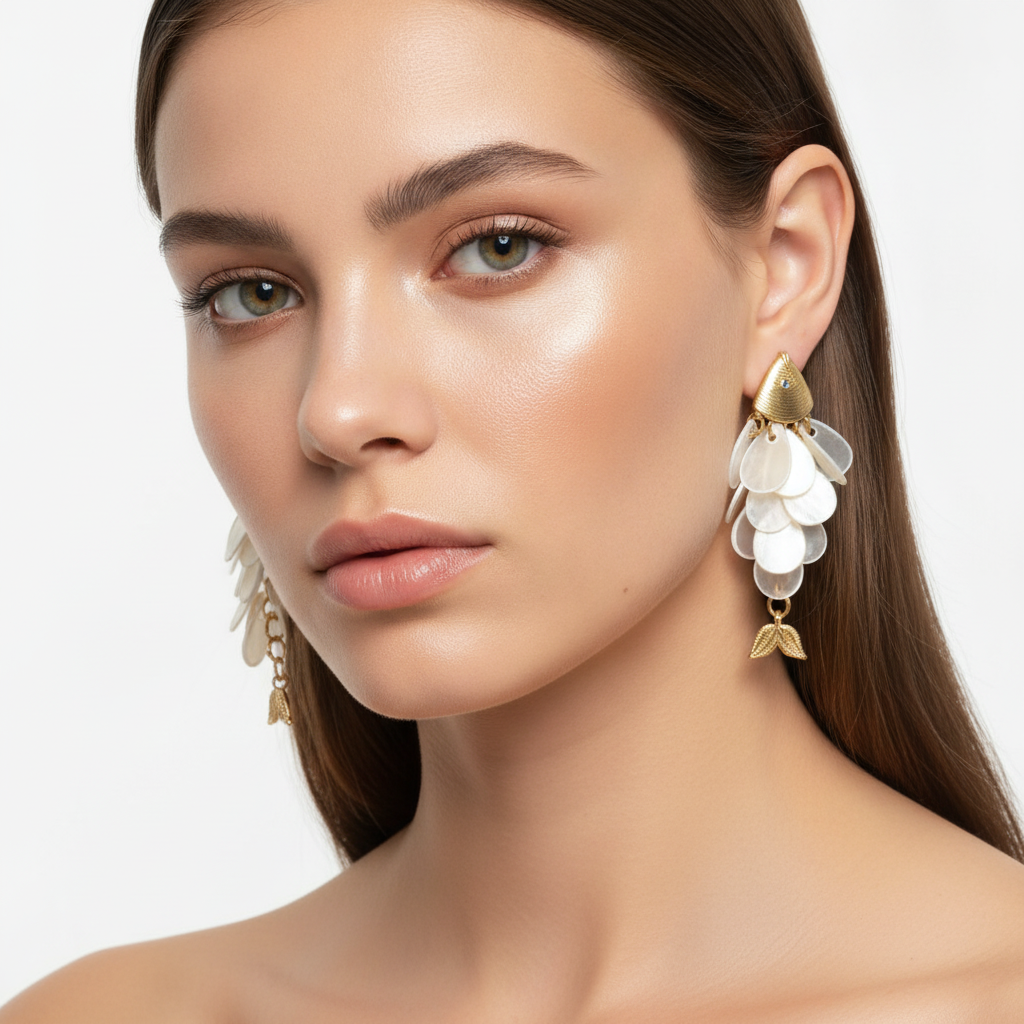 The Koi Drops, mother-of-pearl petal and gold fish drop earrings, front view | THE ARCIVE
