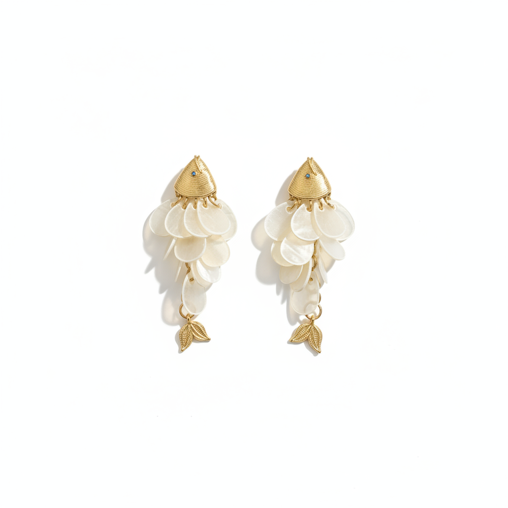 The Koi Drops, mother-of-pearl petal and gold fish drop earrings, product view | THE ARCIVE