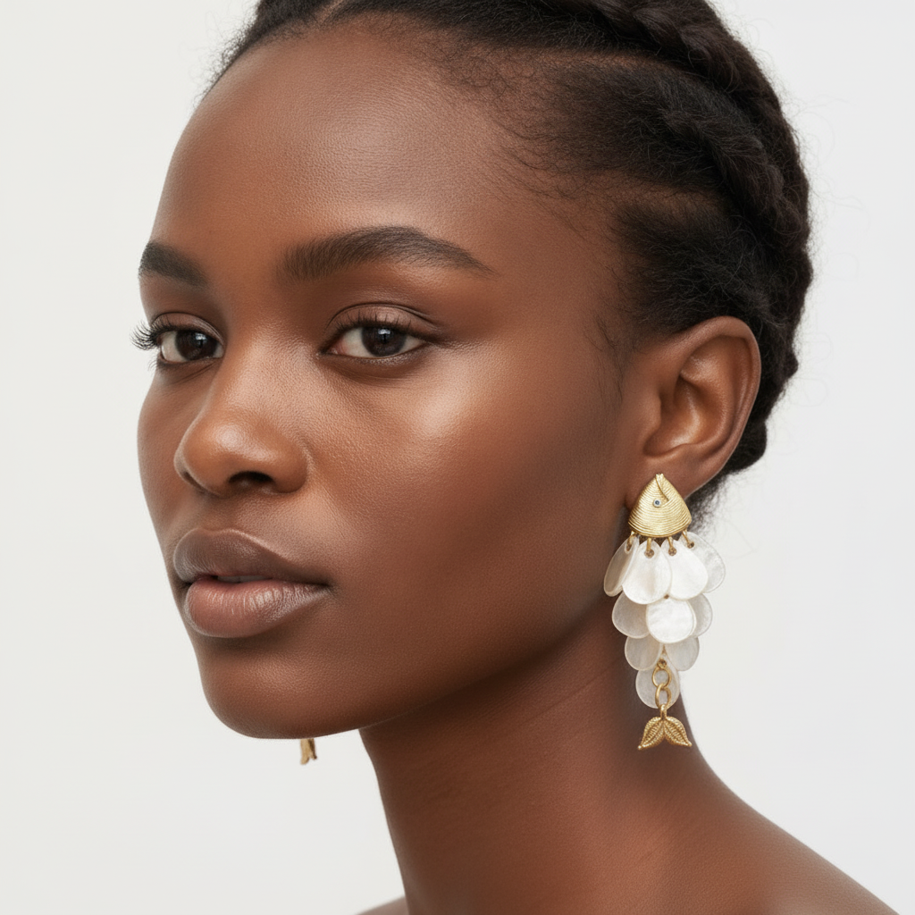 The Koi Drops, mother-of-pearl petal and gold fish drop earrings, worn on model three-quarter view | THE ARCIVE