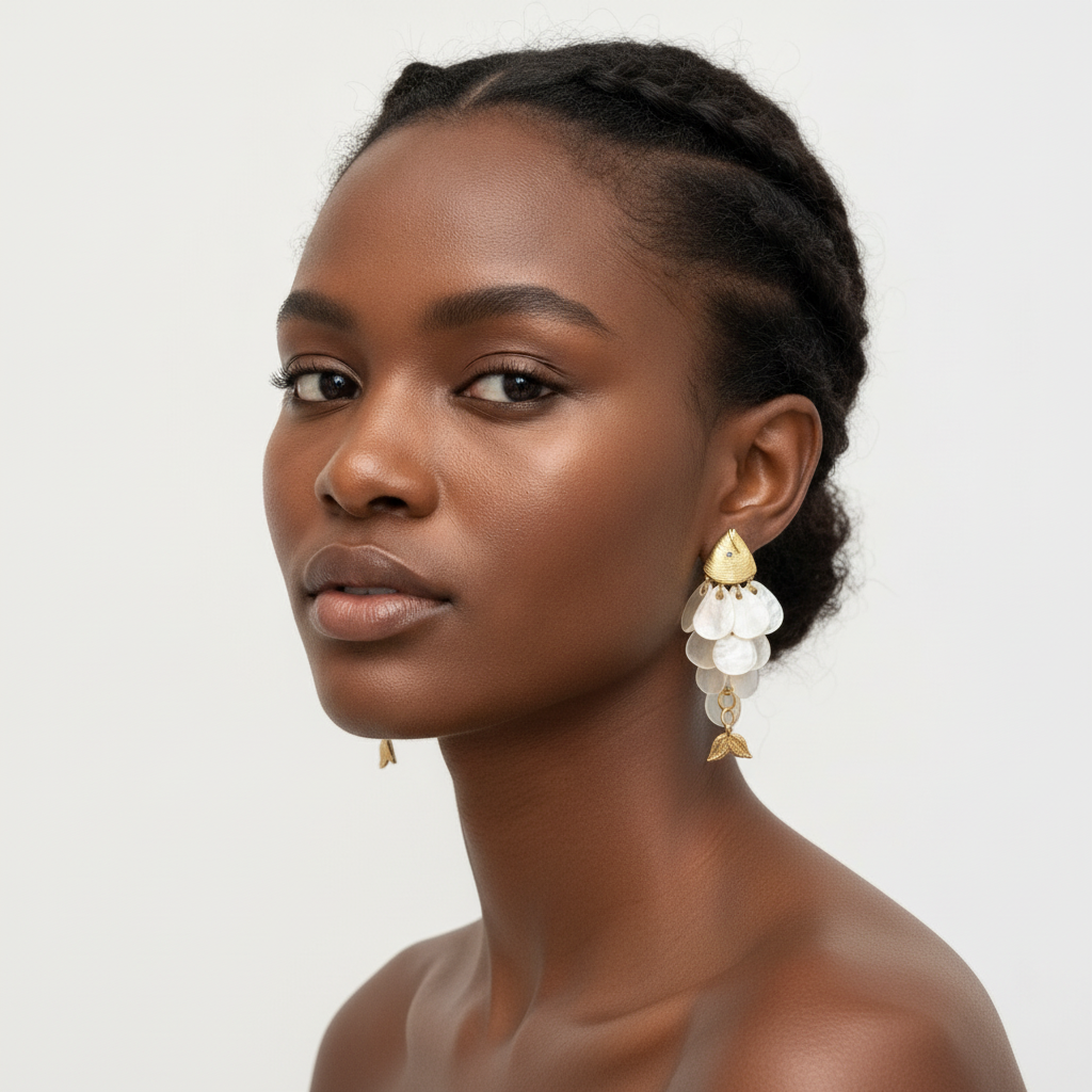 The Koi Drops, mother-of-pearl petal and gold fish drop earrings, worn on model | THE ARCIVE