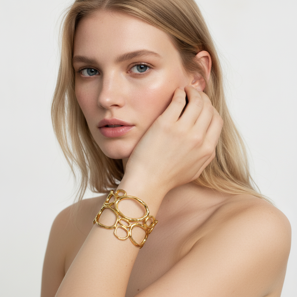 The Lattice Cuff, organic open loop gold cuff, worn on model three-quarter view | THE ARCIVE