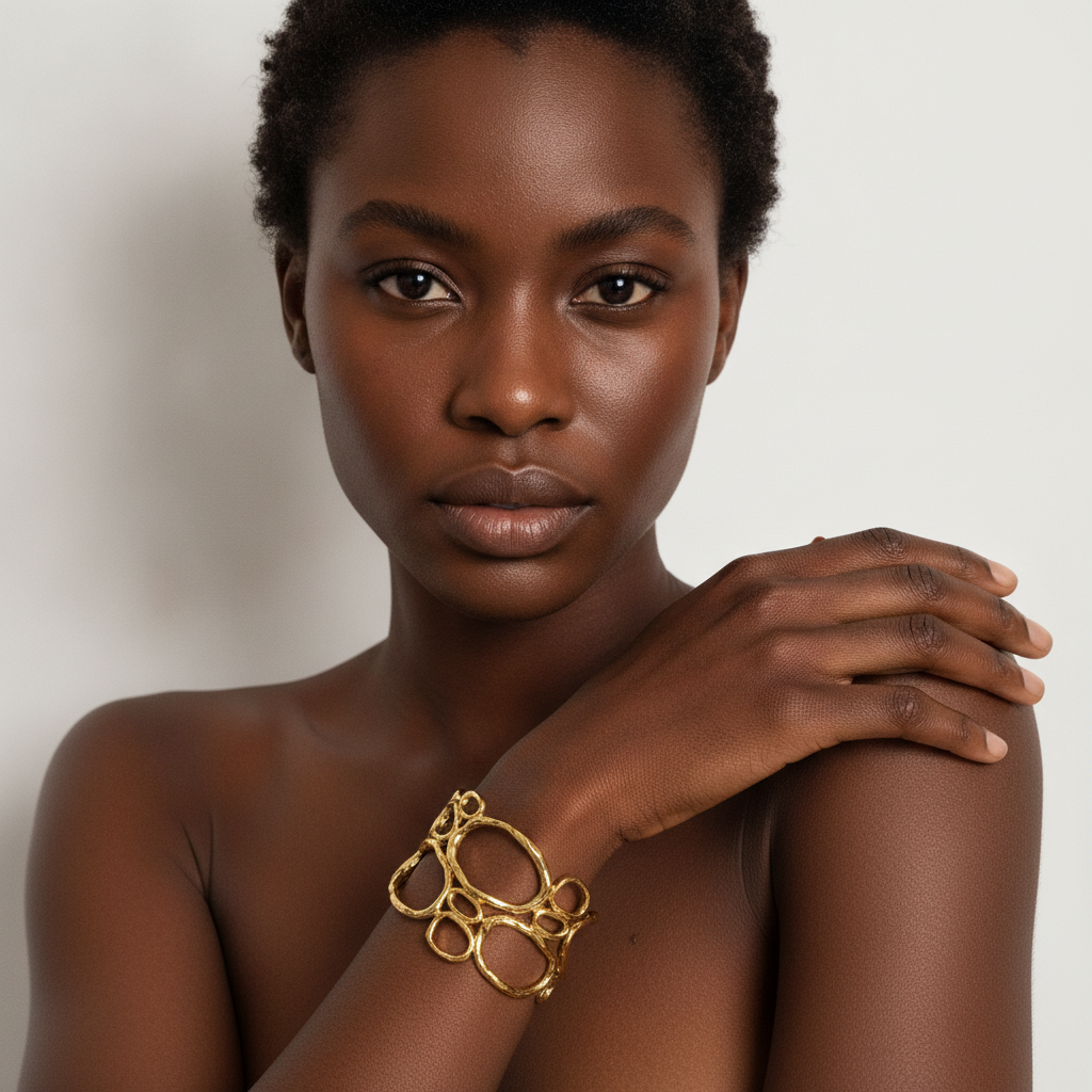 The Lattice Cuff, organic open loop gold cuff, worn on model | THE ARCIVE