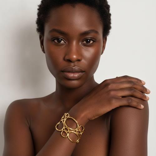 The Lattice Cuff, organic open loop gold cuff, worn on model | THE ARCIVE