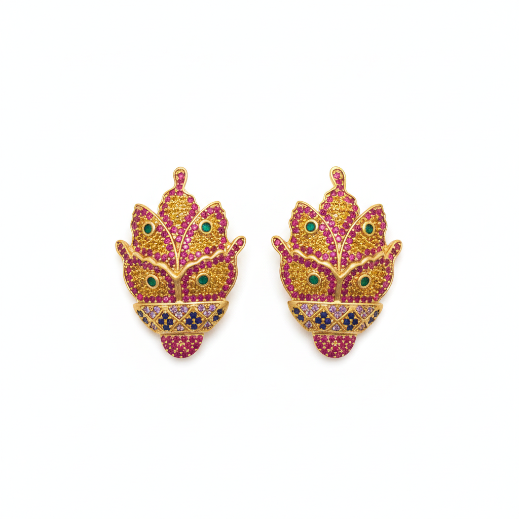The Lotus Studs, multicolour crystal lotus statement studs, flat lay view | THE ARCIVE