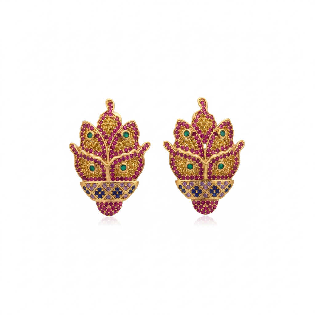 The Lotus Studs, multicolour crystal lotus statement studs, front view | THE ARCIVE