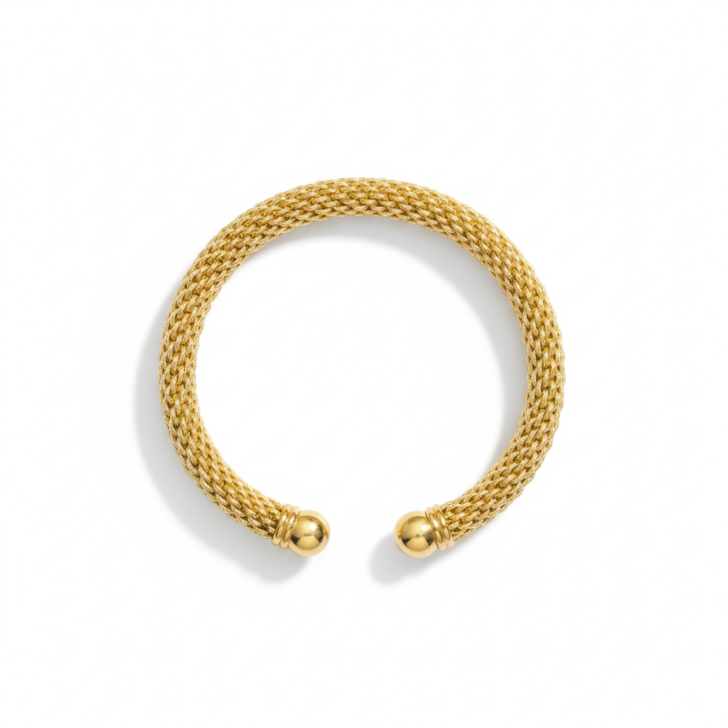 The Milanese Cuff, gold mesh ball end cuff, product view | THE ARCIVE