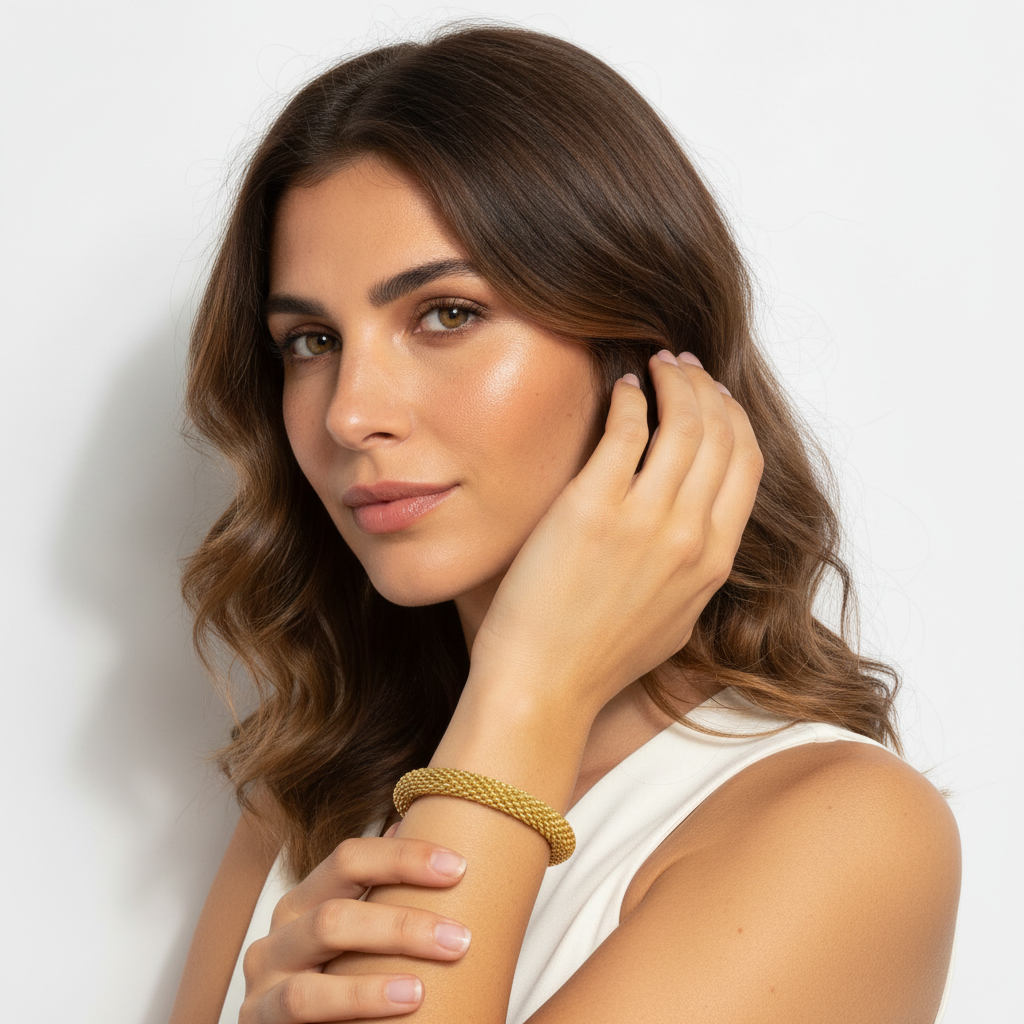 The Milanese Cuff, gold mesh ball end cuff, worn on model three-quarter view | THE ARCIVE
