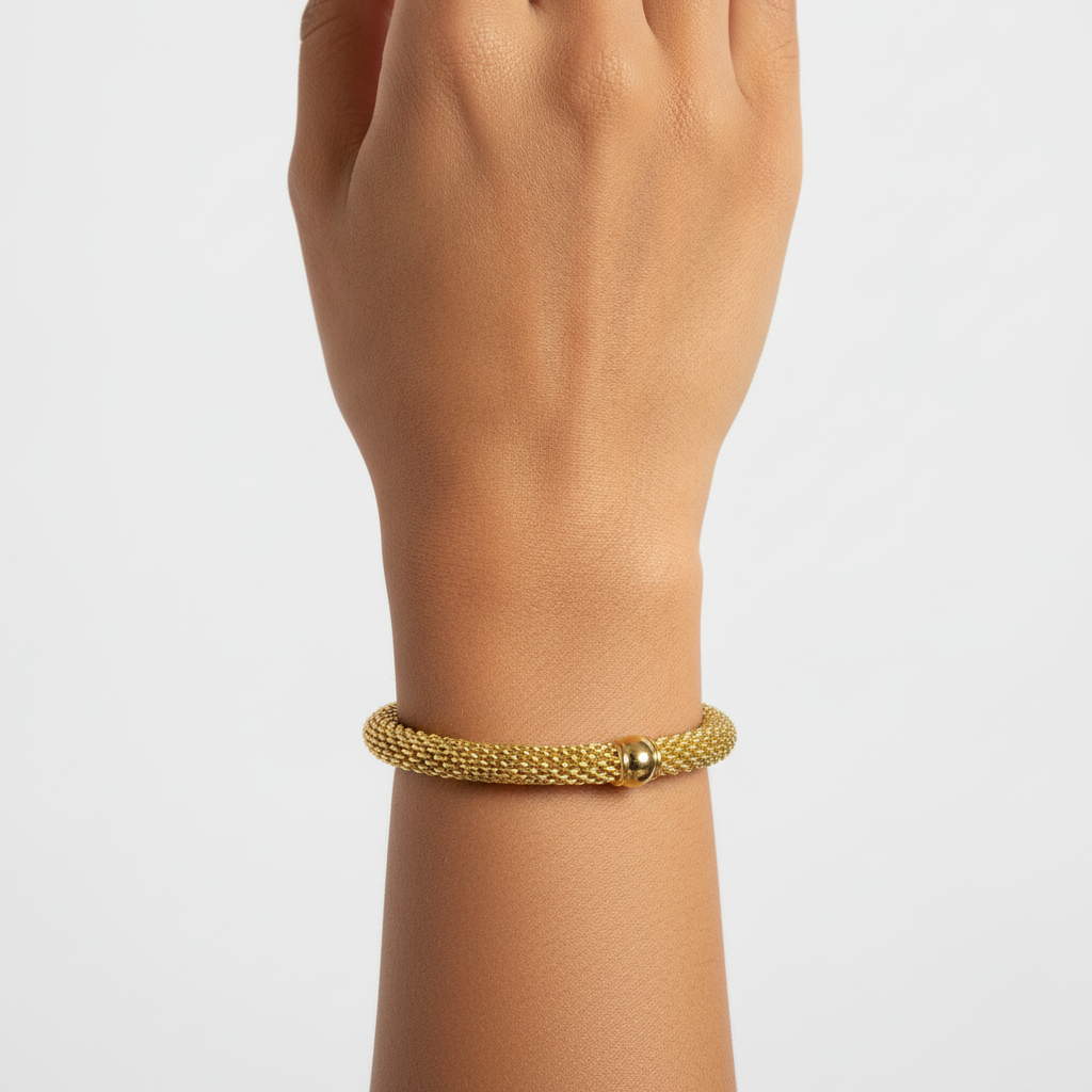 The Milanese Cuff, gold mesh ball end cuff, worn on model | THE ARCIVE