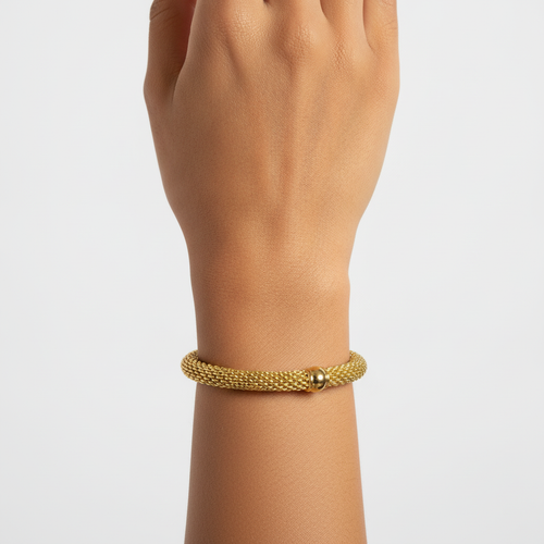 The Milanese Cuff, gold mesh ball end cuff, worn on model | THE ARCIVE