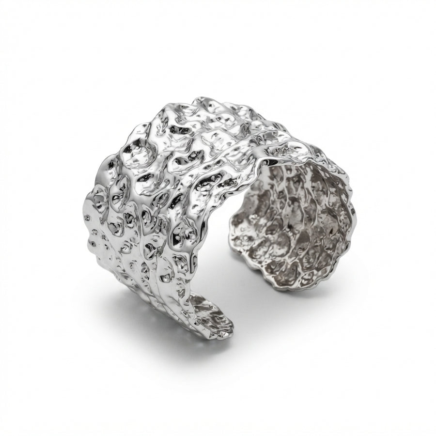 The Molten Cuff, wide hammered silver-tone cuff, product view | THE ARCIVE