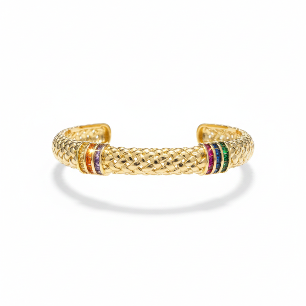 The Mosaic Cuff, textured gold cuff with coloured stones, close-up detail | THE ARCIVE