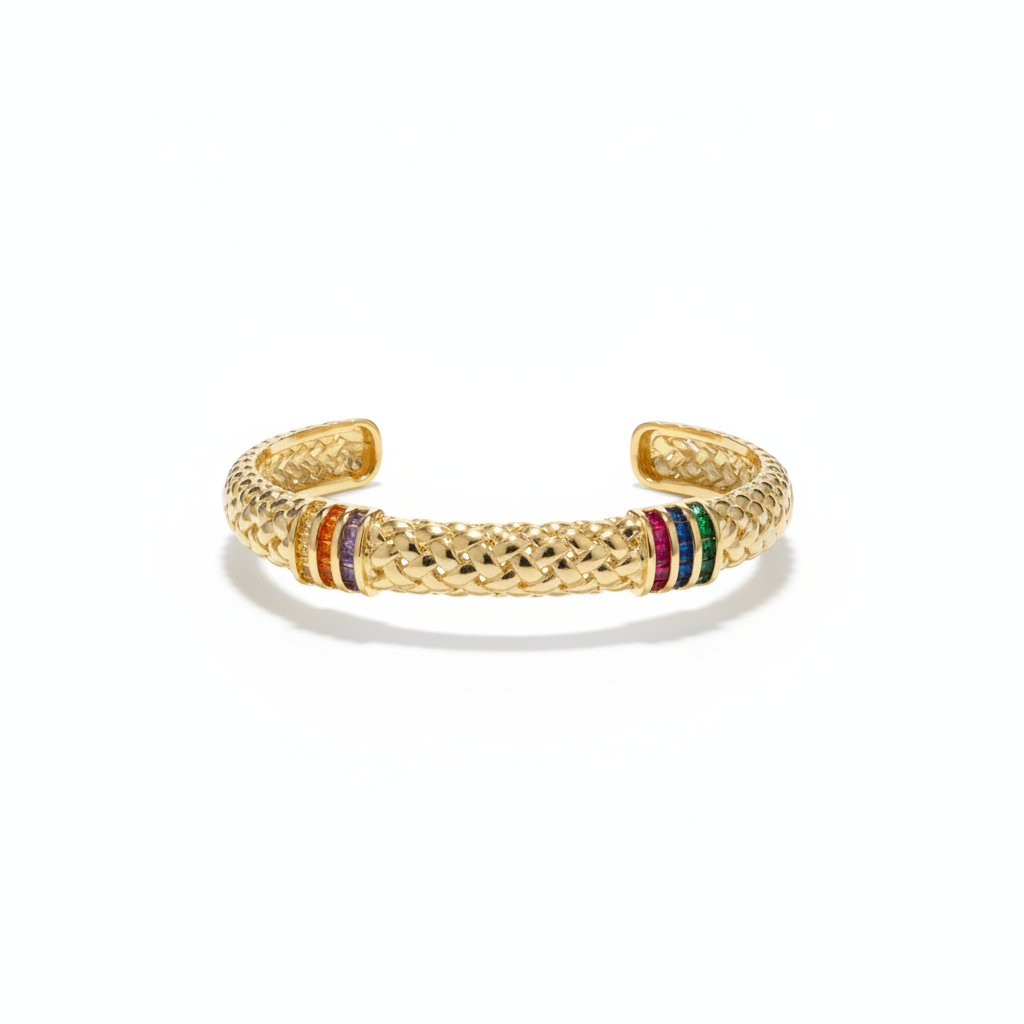 The Mosaic Cuff, textured gold cuff with coloured stones, product view | THE ARCIVE