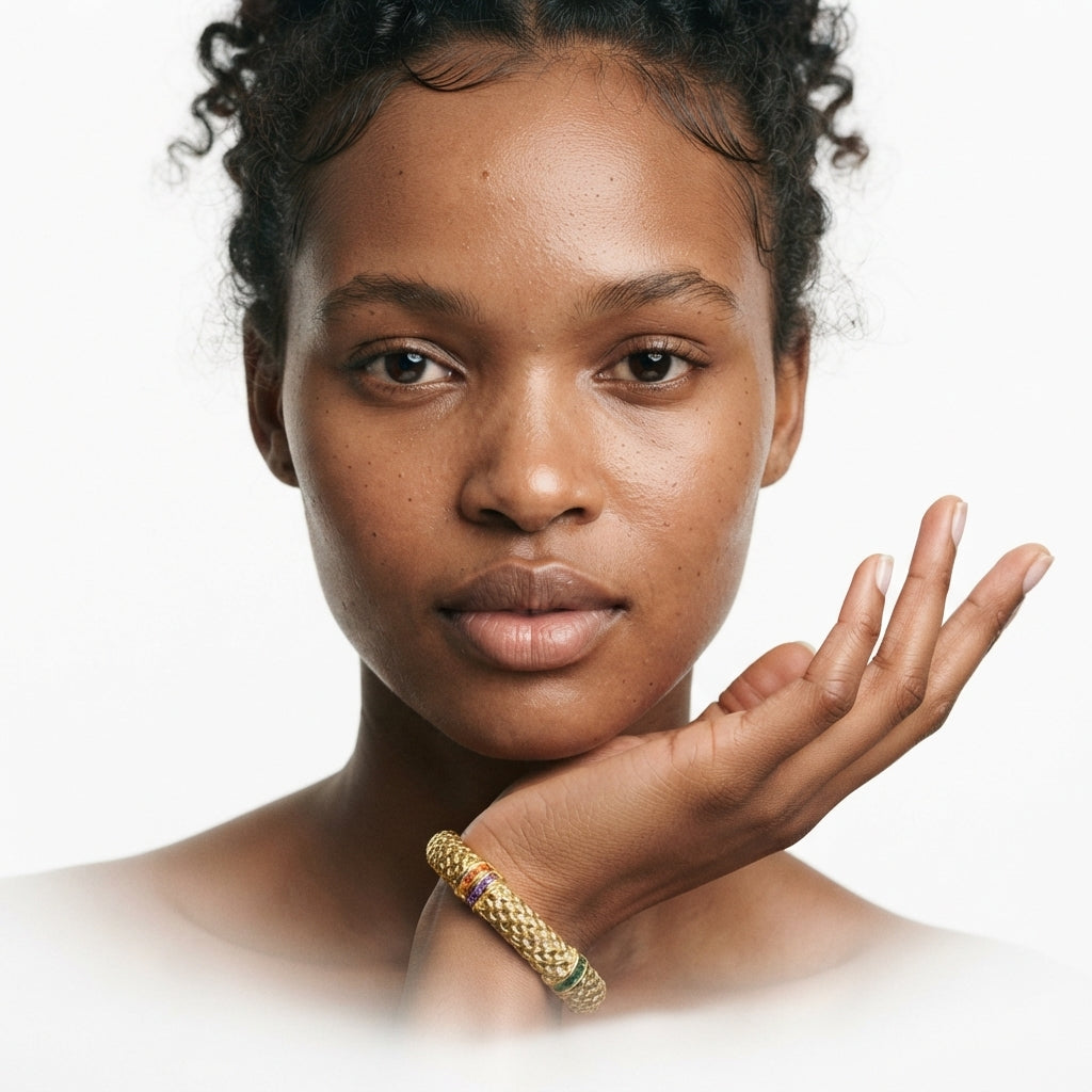 The Mosaic Cuff, textured gold cuff with coloured stones, worn on model three-quarter view | THE ARCIVE