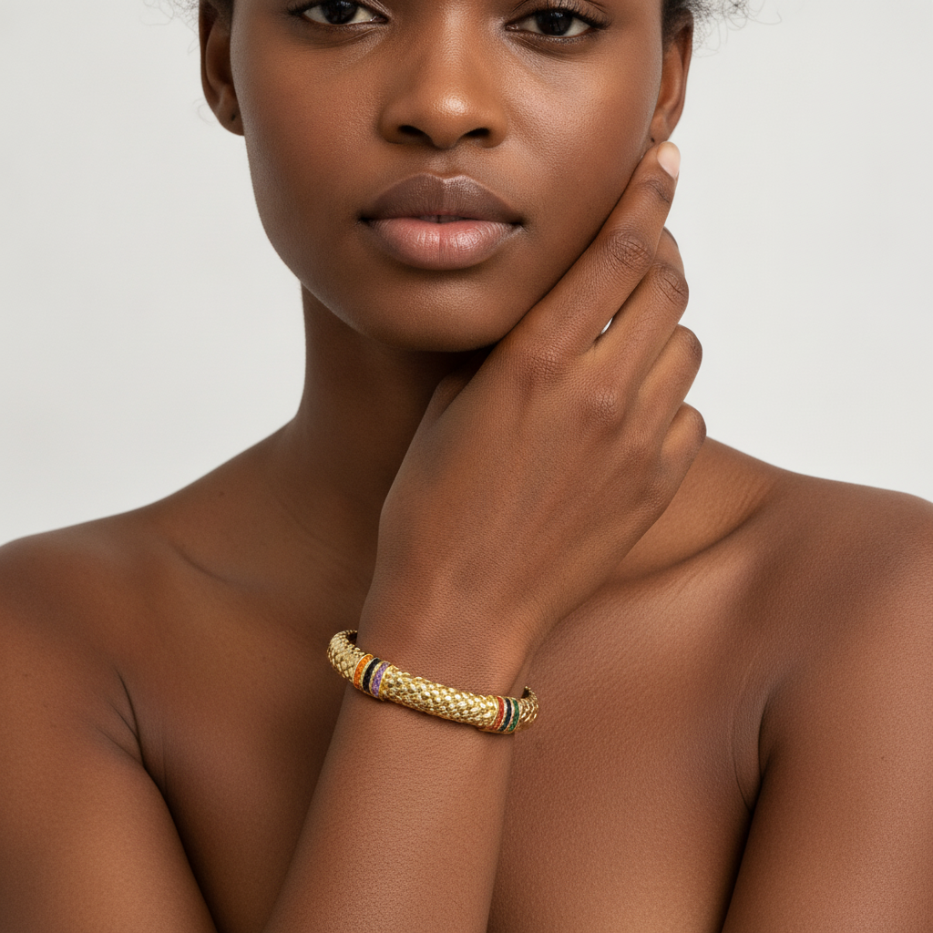 The Mosaic Cuff, textured gold cuff with coloured stones, worn on model | THE ARCIVE