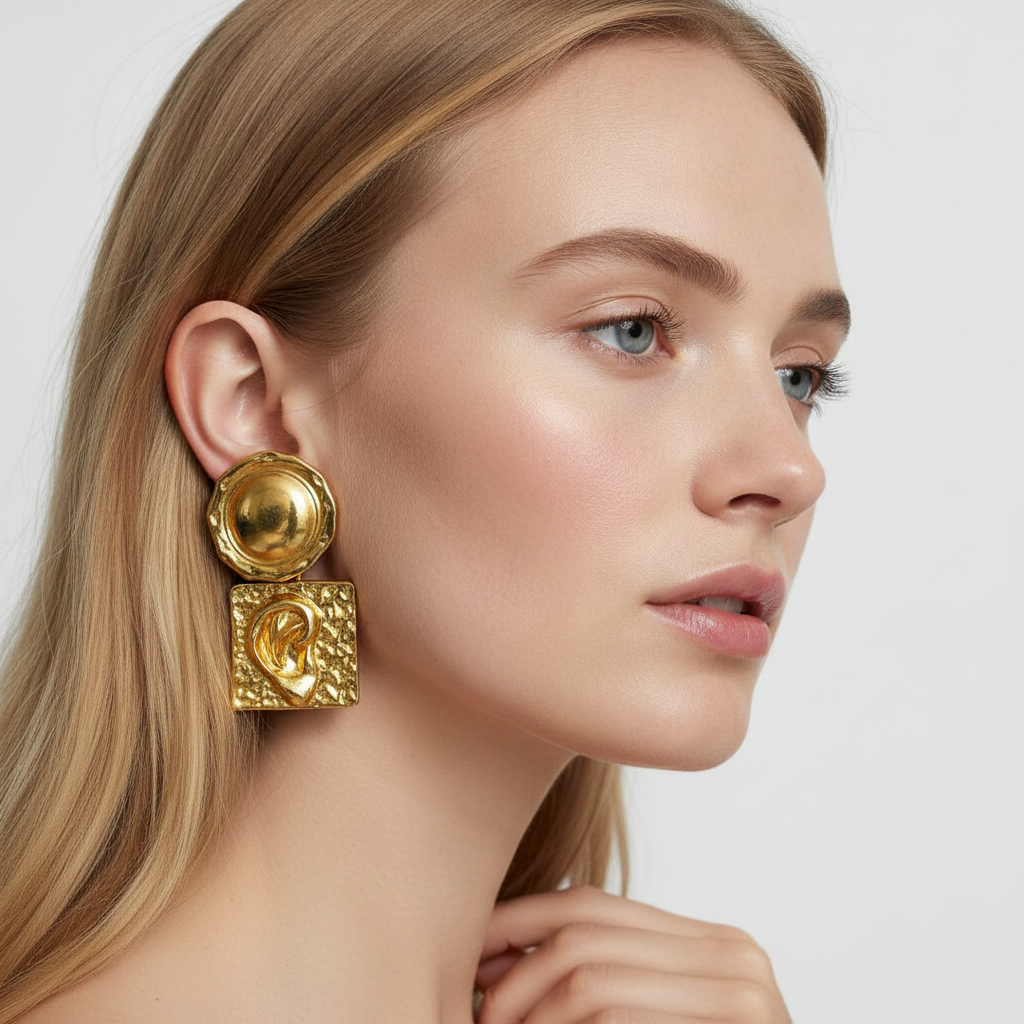 The Muse Drops, sculptural ear and nose drop earrings, worn on model three-quarter view | THE ARCIVE