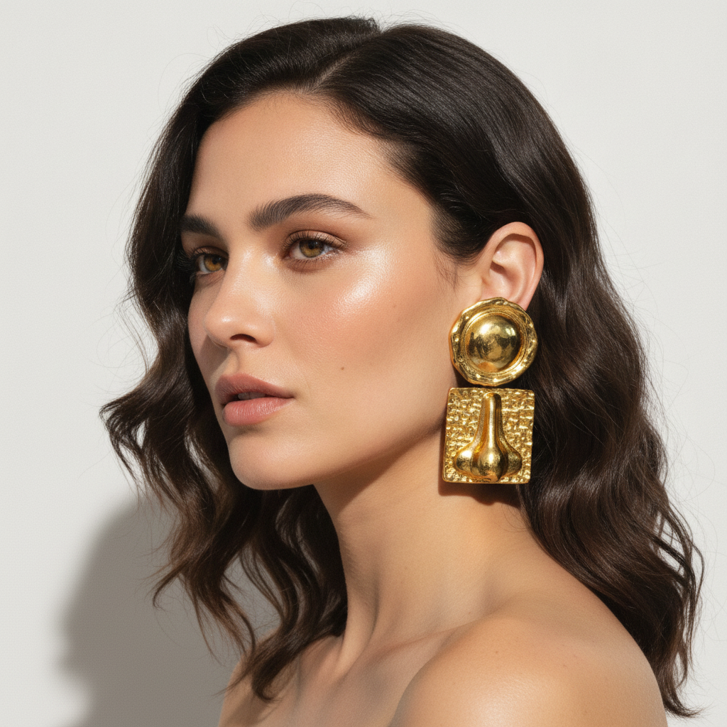 The Muse Drops, sculptural ear and nose drop earrings, worn on model | THE ARCIVE