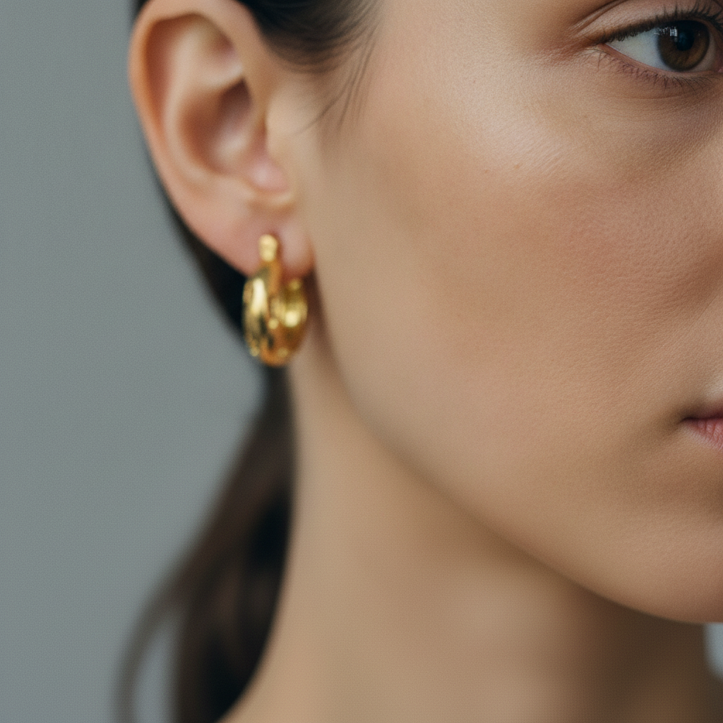 The Nugget Hoops, small domed gold hoop earrings, worn on model | THE ARCIVE