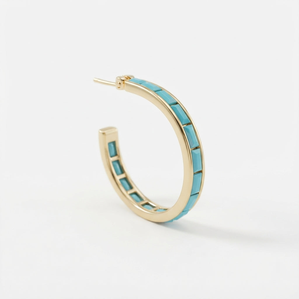 The Oasis Hoops, turquoise inlay oval gold hoops, angled view | THE ARCIVE