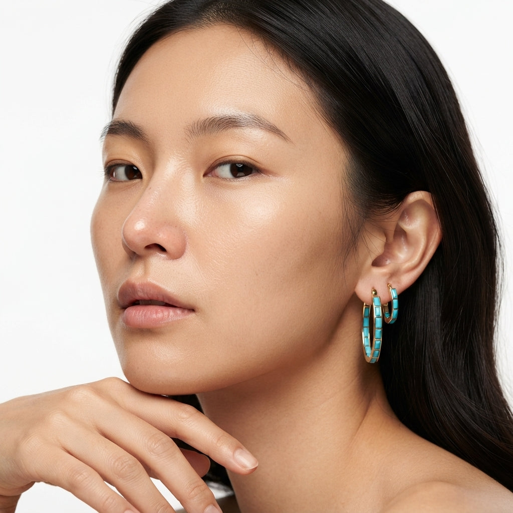 The Oasis Hoops, turquoise inlay oval gold hoops, worn on model | THE ARCIVE