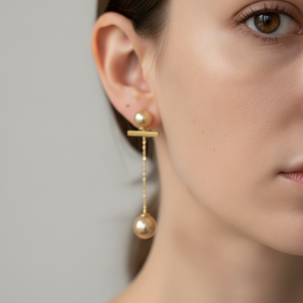 The Pearl Threaders, gold bar pearl threader earrings, worn on model | THE ARCIVE