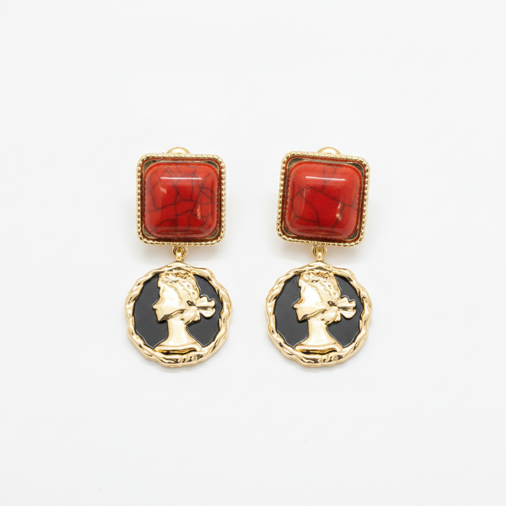 The Regina Drops, red stone and cameo coin drop earrings, angled view | THE ARCIVE