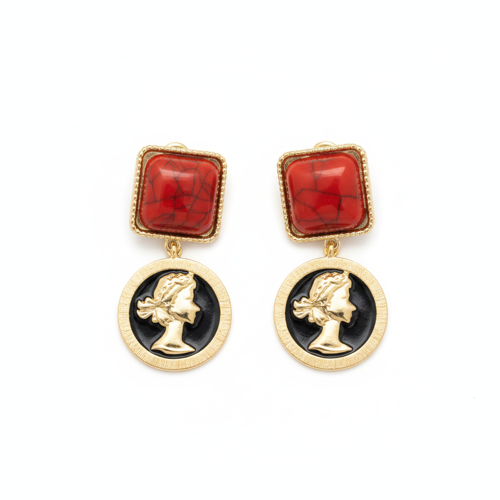 The Regina Drops, red stone and cameo coin drop earrings, flat lay view | THE ARCIVE