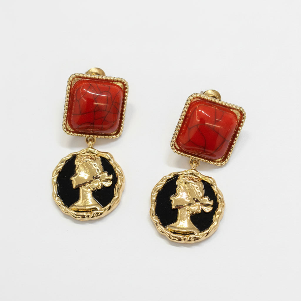 The Regina Drops, red stone and cameo coin drop earrings, front view | THE ARCIVE