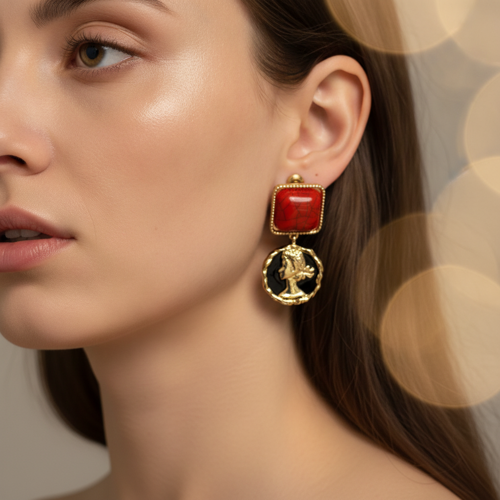 The Regina Drops, red stone and cameo coin drop earrings, worn on model | THE ARCIVE