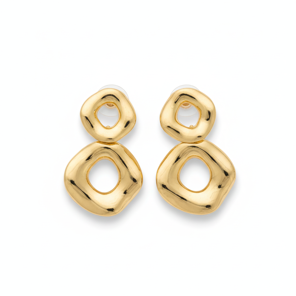 The Ripple Drops, organic gold double ring drop earrings, product view | THE ARCIVE
