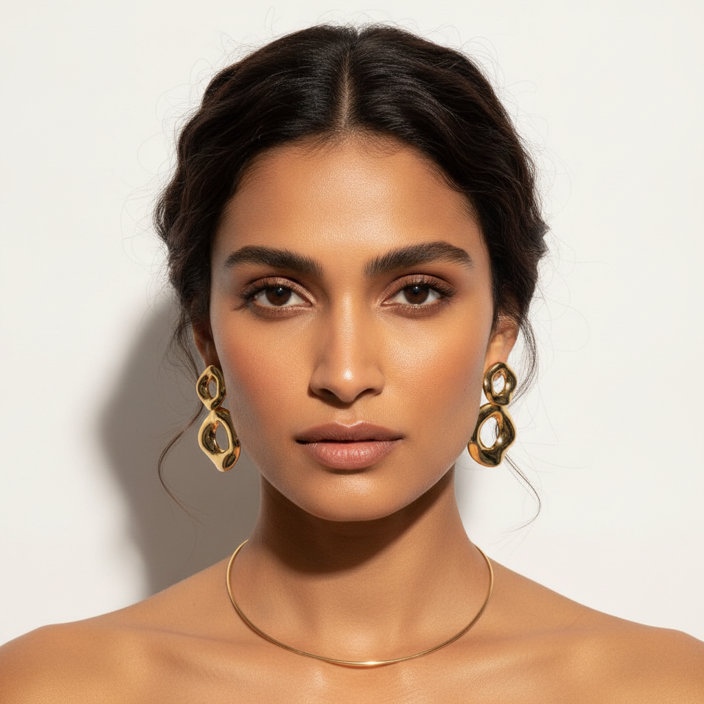 The Ripple Drops, organic gold double ring drop earrings, worn on model | THE ARCIVE