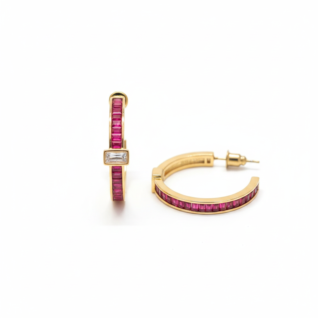 The Scarlet Hoops, ruby red baguette hoop earrings, angled view | THE ARCIVE