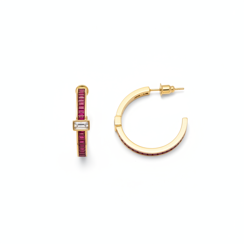 The Scarlet Hoops, ruby red baguette hoop earrings, flat lay view | THE ARCIVE