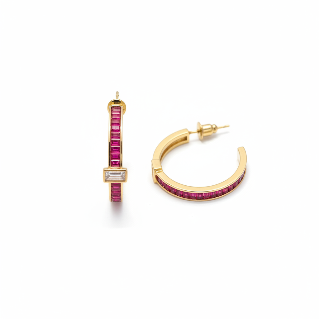 The Scarlet Hoops, ruby red baguette hoop earrings, product view | THE ARCIVE