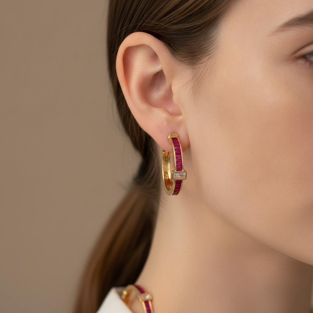 The Scarlet Hoops, ruby red baguette hoop earrings, worn on model | THE ARCIVE