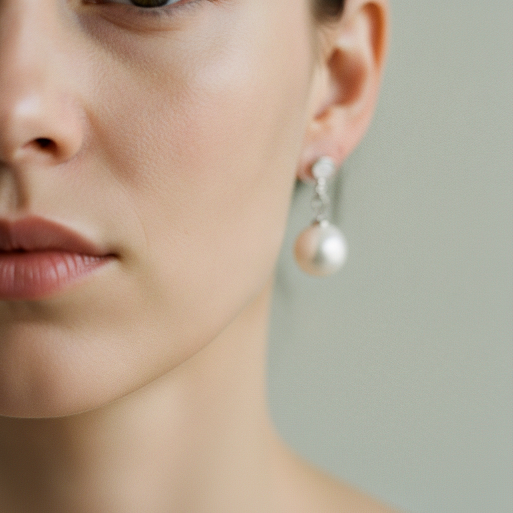 The Selene Drops, pearl drop earrings, worn on model | THE ARCIVE