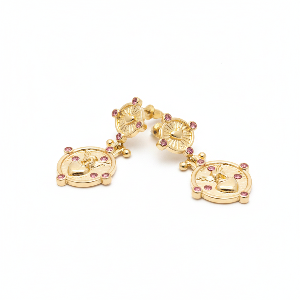 The Seraph Drops, gold cherub coin drop earrings, angled view | THE ARCIVE