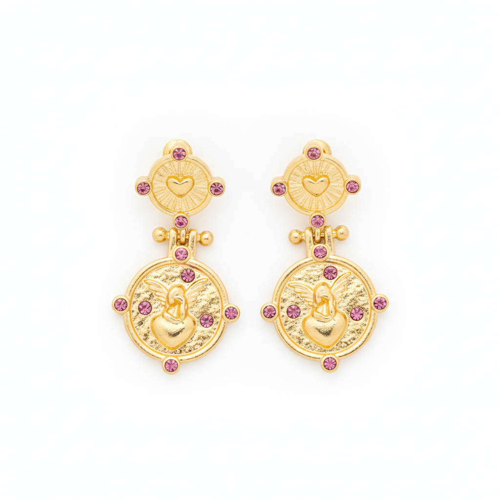The Seraph Drops, gold cherub coin drop earrings, flat lay view | THE ARCIVE