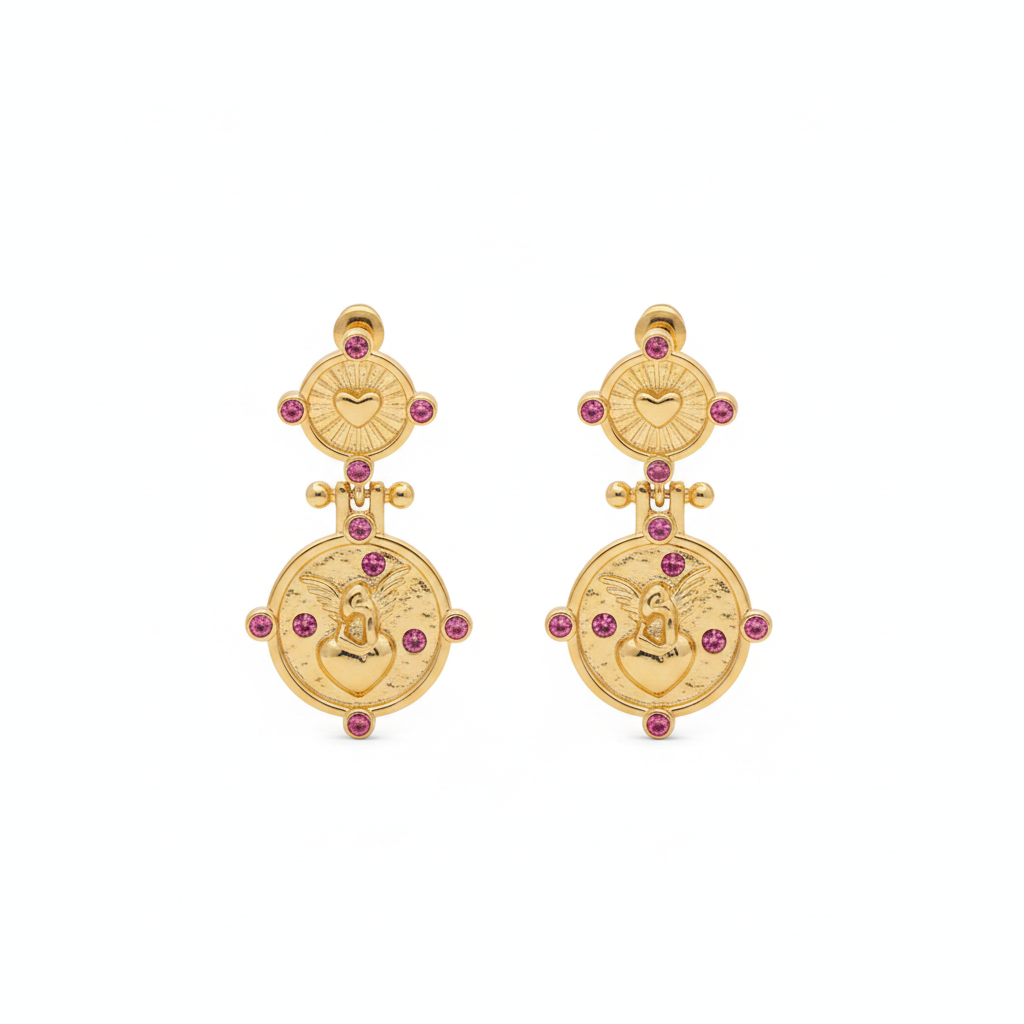 The Seraph Drops, gold cherub coin drop earrings, product view | THE ARCIVE