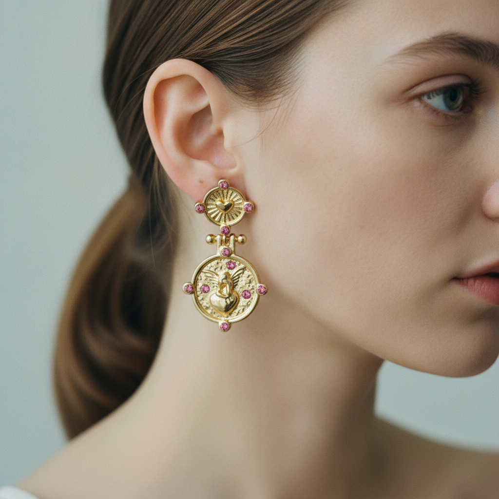 The Seraph Drops, gold cherub coin drop earrings, worn on model | THE ARCIVE